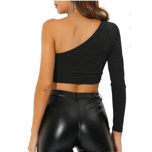 Allegra K Womens Metallic Glitter One Shoulder Long Sleeve Crop Top Black Size M